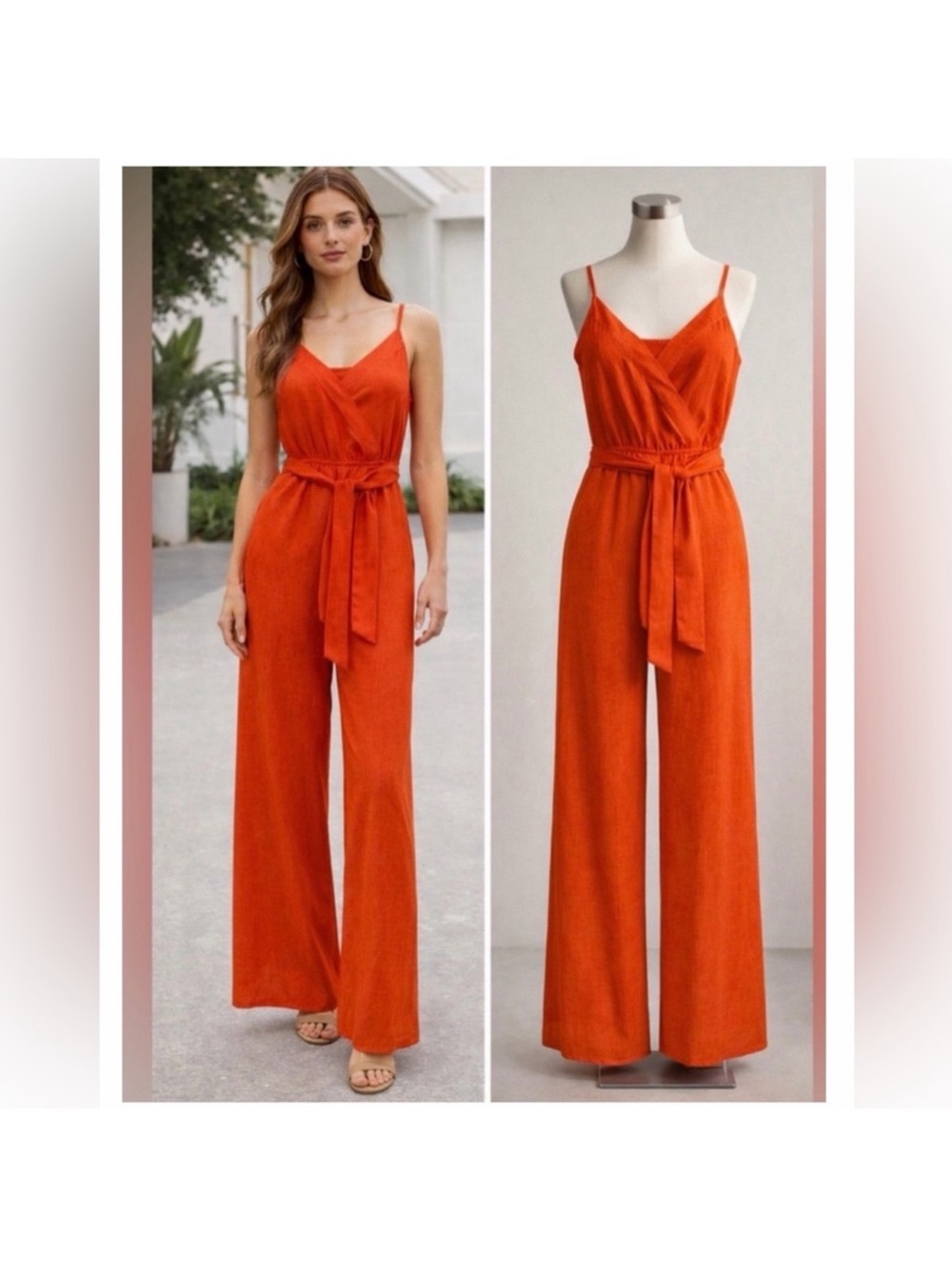 Sold - Flying Tomato Vibrant Orange Sleeveless Wide-Leg Jumpsuit with Tie Waist